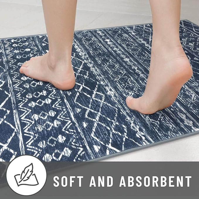 KUTA Boho Runners for Hallways 2x8 Navy Blue Moroccan Washable Runner Rug Non-Slip Vintage Kitchen Rugs Ultra Soft Distressed Geometric Floor Carpet for Bedroom Laundry Living Room