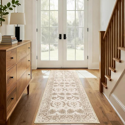 XWZO Runner Rug 2x6ft, Washable Hallway Runner with Non-Slip Backing, Spill Stain Resistant Floor Mat for Entryway Corridor Bedroom Kitchen Living Room, Soft Low-Pile Area Carpet, Beige
