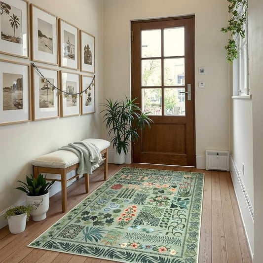 Floral Boho 3x5 Sage Green Bathroom Rugs, Washable Botanical Area Rugs for Entryway Bedroom, Non Slip Kitchen Floor Mat Indoor Throw Carpet for Laundry Living Room (Green,3 x 5)