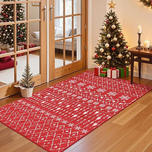 Lahome Christmas Rug 3x5 Red Washable Non Slip Small Area Rug Soft Low Pile Office Carpet Moroccan Snowflake Throw Rug for Living Dining Room Bedroom Xmas Holiday Decor Bedroom Rugs,