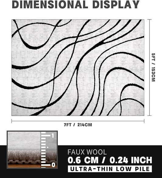 YIHOUSE Modern Area Rugs for Bedroom,5x7 Washable Black and White Rug, Thin Abstract Geometric Minimalist Striped Rug, Black Rugs for Bedroom,Kitchen,Dining Room Office