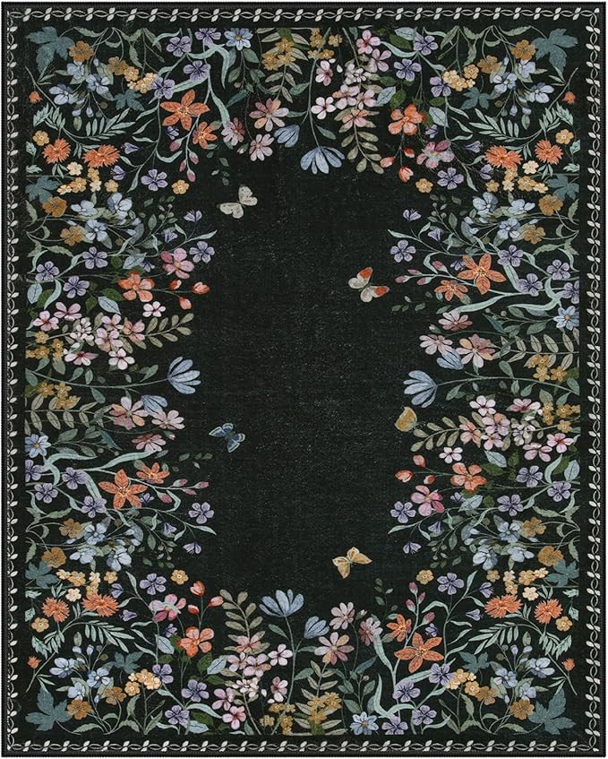 Lahome Boho Floral Black Washable 8x10 Area Rugs for Living Room, Non Slip Rugs for Bedroom, Indoor Throw Dining Room Carpet for Under Table Home Office Playroom(Black,8x10)