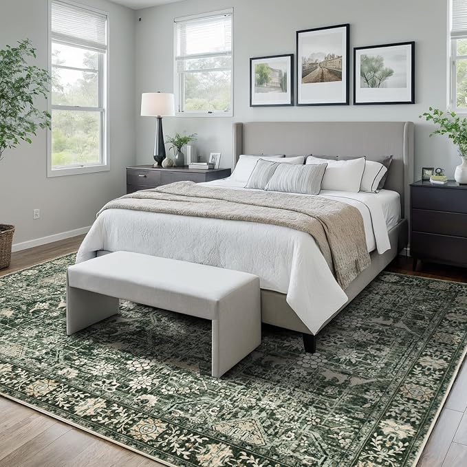 Area Rug 6×9 Washable Rugs for Bedroom, Vintage Floral Rug Soft Non Slip Stain Resistant Carpet for Living Room Dinning Room Kitchen Home Office Green Black