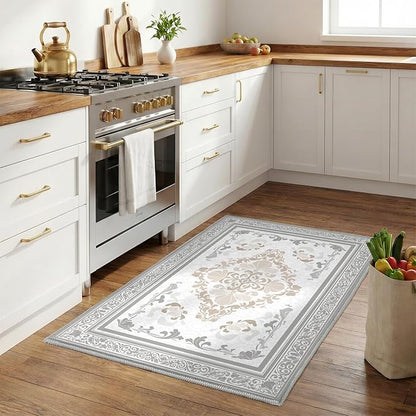 SOULFUL Medium Pile 3x5 Area Rug - Soft Foot Feel Small Entryway Rug - Light Taupe Boho Floral - Washable Non-Slip - Perfect for Living Room Bedroom Foot Kids Room Reading Nook