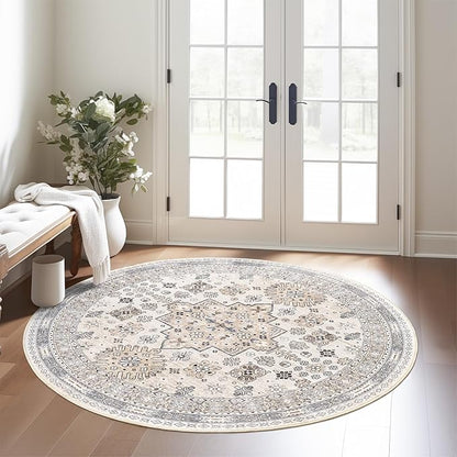 zesthome Washable Round Rug - 5ft Ultra-Thin Circle Area Rugs, Vintage Non-Slip Low Pile Rug for Living Room, Stain Resistant Rug for Bedroom, Entryway, Kitchen, Nursery