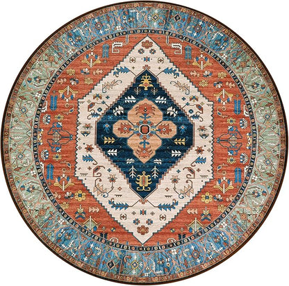 Lahome Boho Washable 5Ft Round Area Rug, Non-Slip Throw Untra-Thin Round Carpet, Oriental Vintage Distressed Circle Rug for Dining Living Room Bedroom Kitchen Office, 5x5/Rust
