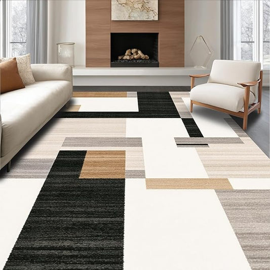 Flatwoven High Traffic Area Rug 6x9, Dark Beige Geometry and Dirt Trapper Design, Non Slip, Stain Resistant, Washable Area Rugs for Living Room, Bedroom (Beige, 6x9)