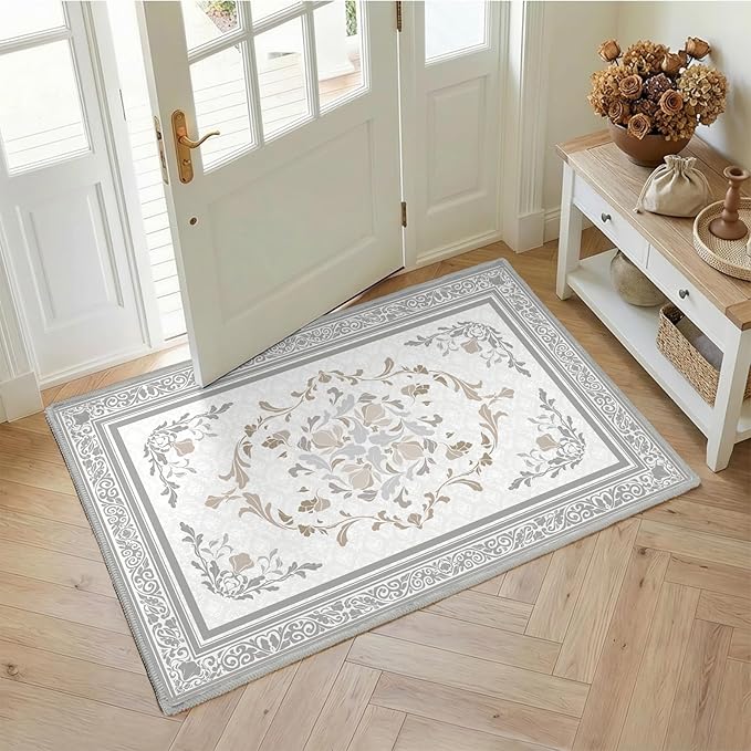 SOULFUL Medium Pile 2x3 Entryway Rug - Cozy Soft Underfoot Small Area Rug - Light Taupe Boho Floral - Washable Non-Slip - Perfect for Hallway Kitchen Bedroom Bathroom Indoor Entrance