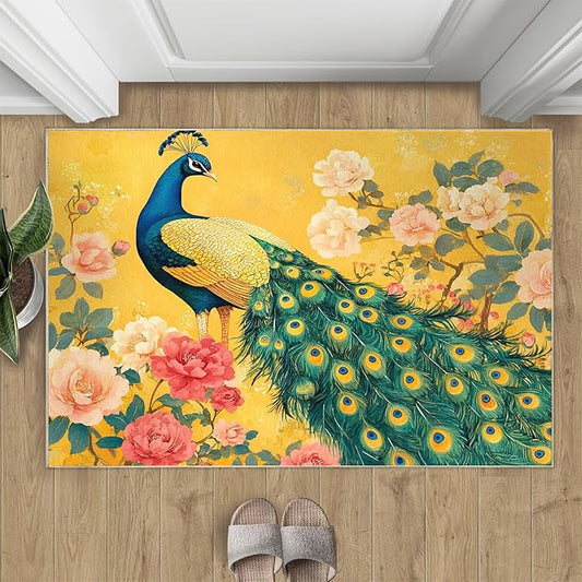 Classic Peacock Rug Small - 3x4 Rug, Peacock Peony Flower Washable Rugs for Living Room, Yellow Teal Turquoise Carpet, Non-Slip Area Rugs for Bedroom, Aesthetics Carpet - Peafowl Home Decor & Gifts