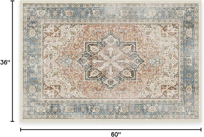 RUGGABLE Washable Vintage Area Rug – Kamran Coral 3x5, Stain-Resistant, Non-Slip – Small Machine Washable Rugs for Living Room, Bedroom, Hallway, Entryway & Office–with Cushioned Pad