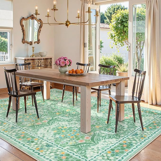 Lahome Floral Washable Rugs 8x10, Soft 8x10 Area Rugs for Living Room Bedroom, Boho Non-Slip Green Forest Design Large Throw Carpet for Farmhouse Dining Room Office, Sage Green