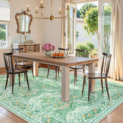 Lahome Floral Washable Rugs 8x10, Soft 8x10 Area Rugs for Living Room Bedroom, Boho Non-Slip Green Forest Design Large Throw Carpet for Farmhouse Dining Room Office, Sage Green