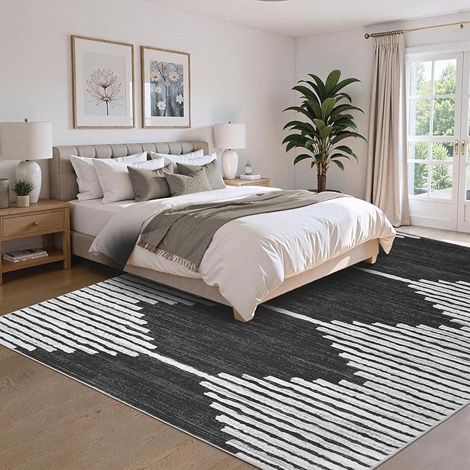 HelloTree Area Rug for Living Room 8x10 Washable Geometric Moroccan Rug Stripe Farmhouse Bohemian Minimalistic Non Slip Non Shedding Ultra Thin Soft Rug for Bedroom Office DiningRoom Nursery-Black