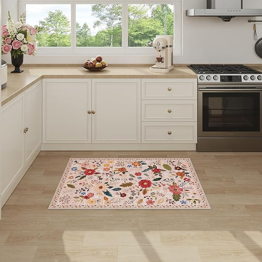 2x3 Washable Rug for Entryway, Floral Soft Small Area Rug, Non Slip Doormat Indoor Entrance Carpet, Flower Low Pile Front Door Throw Rug for Bedroom, Kitchen, Laundry, Bathroom, Pink/Beige