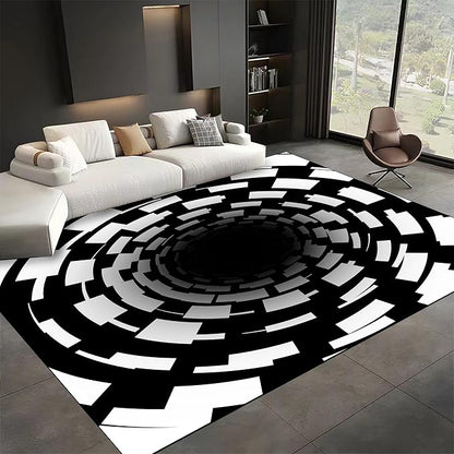 3D Illusion Swirl Area Rugs, 4x5ft, Modern Abstract Grid Black Hole Living Room Carpet, Geometric Black White Check Washable Carpets, Ultra Soft Cozy Shed Resistant Mat for Indoor