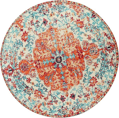 Lahome Bohemian Floral Medallion Round Rug - 3Ft Oriental Distressed Small Round Area Rug Vintage Washable Entryway Foyer Mat Non-Slip Non-Shedding Low-Pile Sofa Bathroom Carpet, Orange/Multi