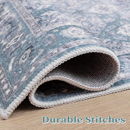 SERISSA Boho Area Rug 5x7 Blue Grey, Washable Large Rugs for Living Room, Ultra Soft Non-Slip Bedroom Rug Print Distressed Vintage Floral Carpet Rug for Dining Room Dorm Office Home Decor