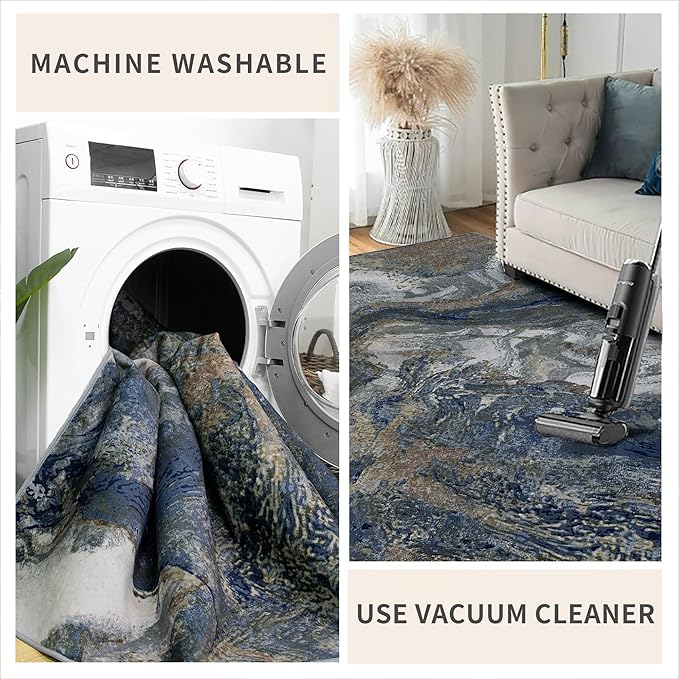 Abstract Washable Runner Rug: Modern 2x10 Hallway Runner for Kitchen Stain Resistant Non Slip - Thin Low Pile for Entryway Indoor - Blue Gold