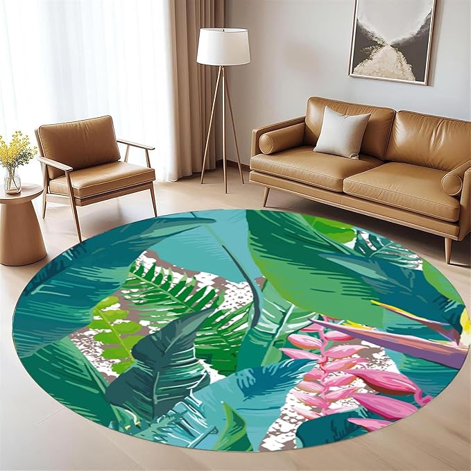 Tropical Leaves Round Rug 4ft - Machine Washable Non-Slip Circular Floor Mat, Short Pile Soft Rug for Living Room, Bedroom, Nursery in Green & Pink Botanical Design