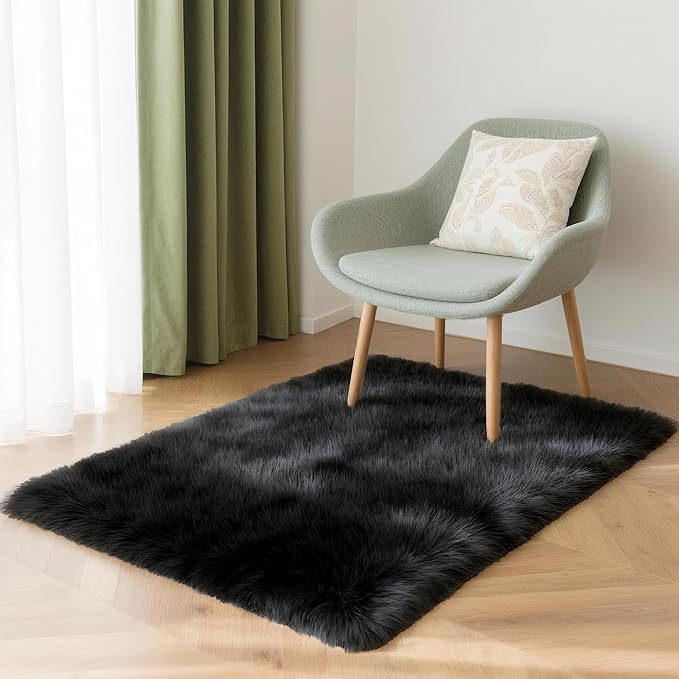 2x3 Solid Fluffy Black Area Rug – Washable, Durable, Small Bedroom Rug, Non-Slip High Pile Shag Rugs for Living Room, Bedroom, Bedside, Dorms,Grils Rooms, Kids Room, Soft Indoor Floor Carpet