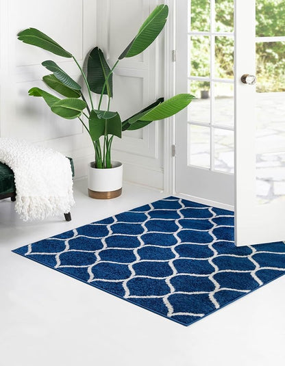 Rugs.com Lattice Frieze Collection Rug – 8' Square Navy Blue Medium Rug Perfect for Living Rooms, Kitchens, Entryways