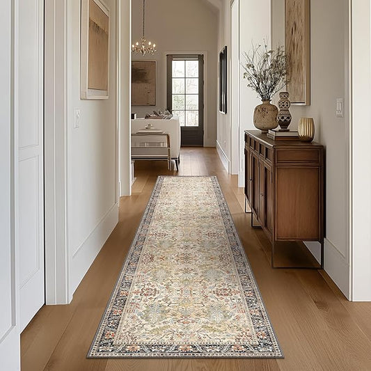 Bavni Bedroom Rug Runners for Hallways, Washable Runner Rug 2x10, Low Pile Non-Slip Indoor Throw Carpet for Bedroom Laundry Room, Ivory/Teal