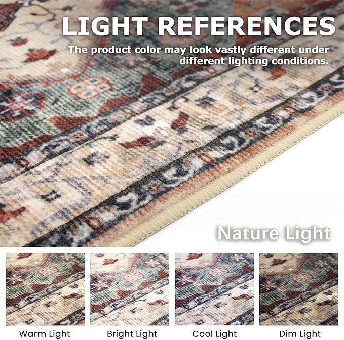 KOZYFLY Boho Area Rug 8x10 Ft Thin Rugs for Living Room Washable Bedroom Rug Non Slip Rugs for Living Room Rust/Orange/Blue Printed Faux Wool Vintage Bedroom Rug Floor Carpet for Dining Room