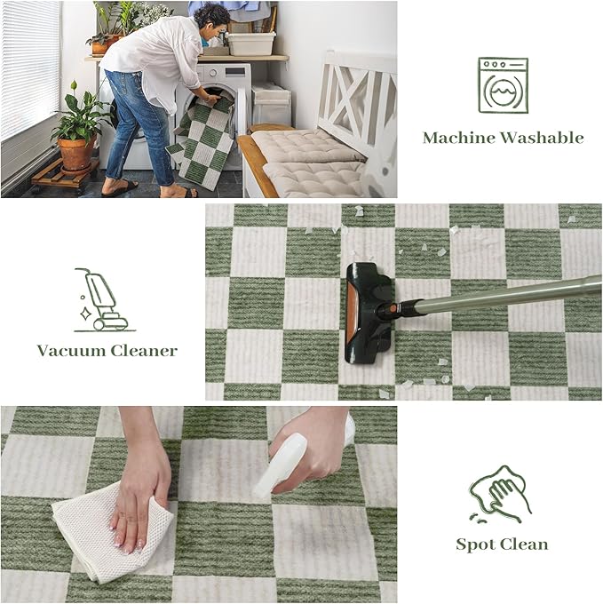 LIVEBOX Washable Runner Rug Checkered, 2x6 Green Runner Rugs for Hallway, Non-Slip Kitchen Runners, Farmhouse Neutral Classic Geometric for Hallways, Entryway, Bedroom, Bathroom(Green 2'x6')