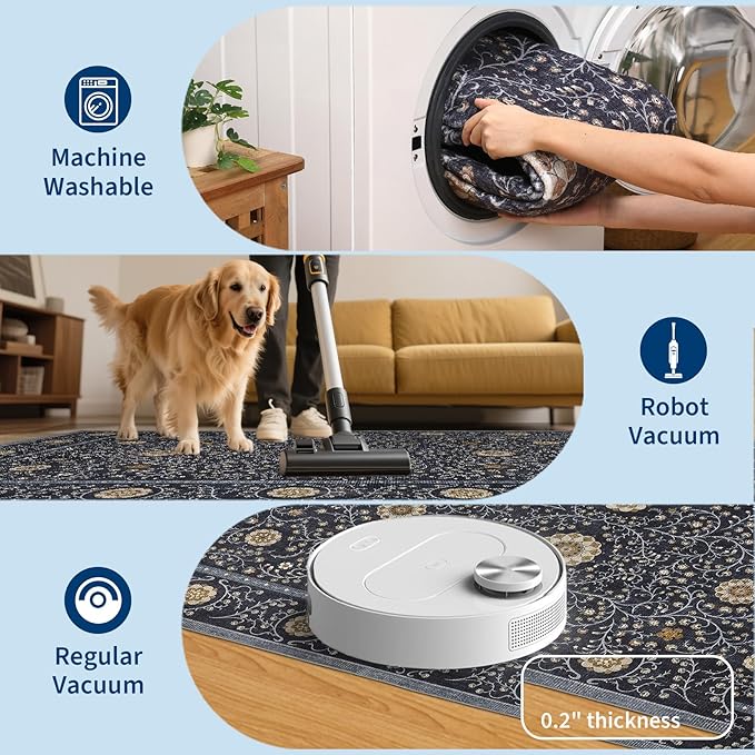 GarveeHome Boho 6x9 Area Rug for Living Room, Floral Vintage Rugs for Bedroom with Soft Low Pile, Non Slip Stain Resistant Botanical Washable Rug 6x9 for Dining Room Blue Carpet for Dorm Office