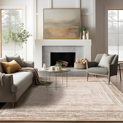Phantoscope Washable Area Rug 5'x7' Non-Slip, Modern Neutral Boho Rugs for Living Room, Bedroom, Dining Room, Distressed Geometric Rectangle Pattern, Low-Pile Foldable Floor Carpet, Neutral Beige/Rust