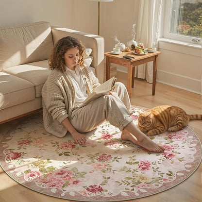 Lahome Floral Boho Round Rugs 6ft,Washable Round Rug for Dining Room Table,Circle Rugs for Living Room Large Round Carpet for Bedroom,Playroom,Nursery,Reading Corner