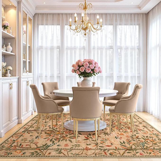 Morebes Washable Area Rugs 8x10, Boho Floral Living Room Carpet Non Slip, Soft Low-Pile Flower Birds Indoor Floor Throw Rug for Dining Room Home Office Playroom Foyer, Brown