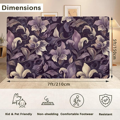Purple Luxury Floral Texture Rug for Living Room 5x7, Low Pile Non-Slip Backing, Machine Washable Easy Fold Rug for Home, Office, Dorm Room