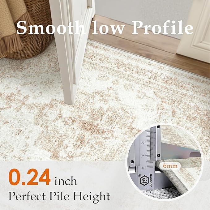 Runner Rug 3x8 Cream Hallway Washable Beige Carpet Non Slip Vintage Medallion Beige Carpet Low Pile Soft Distressed Retro Indoor Long Rug for Entryway Kitchen Bathroom Laundry Bedroom