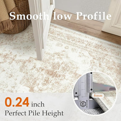 Area Rug 6x9 Cream Washable Living Room Beige Carpet Non Slip Vintage Medallion Indoor Bedroom Beige Carpet Low Pile Soft Retro Distressed Large Rug Home Office Dining Room Playroom