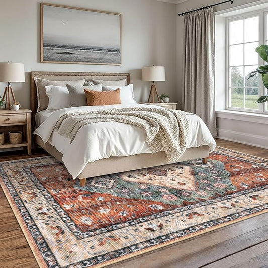 KOZYFLY Boho Area Rug 8x10 Ft Thin Rugs for Living Room Washable Bedroom Rug Non Slip Rugs for Living Room Rust/Orange/Blue Printed Faux Wool Vintage Bedroom Rug Floor Carpet for Dining Room