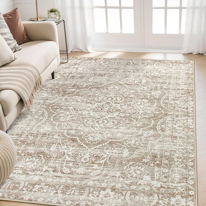 Lahome 4x6 Area Rug Living Room - Washable Office Rug Soft Dorm Rugs for Bedroom Non-Slip Ultra-Thin,Neutral Boho Print Farmhouse Indoor Rug for Entryway Classroom Taupe, 4'x6'