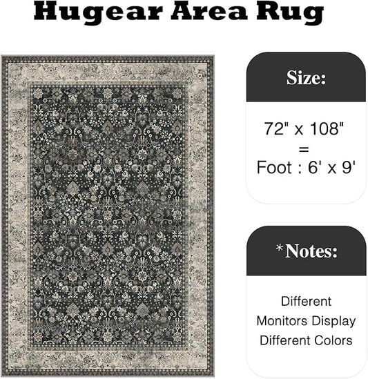 HUGEAR 6x9 Machine Washable Rugs Black Beige Hallway Large Area Rug Indoor Accent Rug Floral Low Pile Carpet Soft Throw Aesthetic Rug Bedroom Living Room Office Dining Room Laundry Room