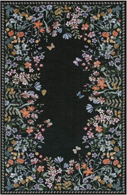 Wonnitar Washable 4x6 Rug, Black Floral Print Area Rugs for Living Room, Non-Slip Soft Rug for Bedroom, Vintage Low Pile Dining Room, Botanical Carpet for Bedside Mud Room (Black,4'x6')