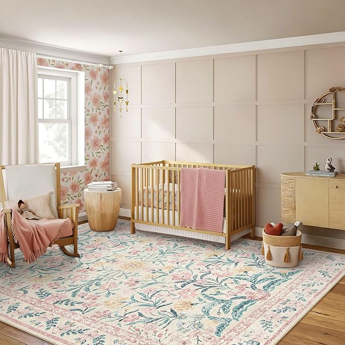 Morebes Washable Area Rugs 9x12 Living Room, Large Pink and White Floral Rug for Bedroom, Ultra-Thin Boho Rug Non Slip Distressed Soft Carpet for Nursery Girls Home Dining Room Decor