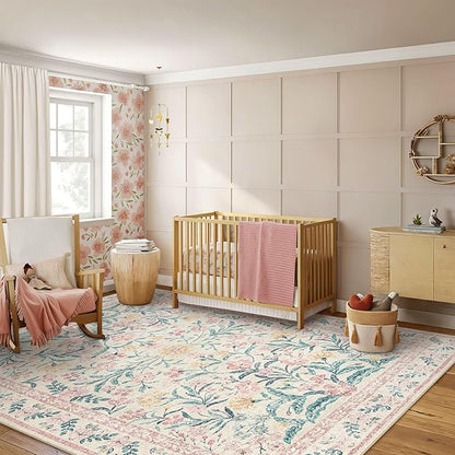 Morebes Washable Area Rugs 9x12 Living Room, Large Pink and White Floral Rug for Bedroom, Ultra-Thin Boho Rug Non Slip Distressed Soft Carpet for Nursery Girls Home Dining Room Decor