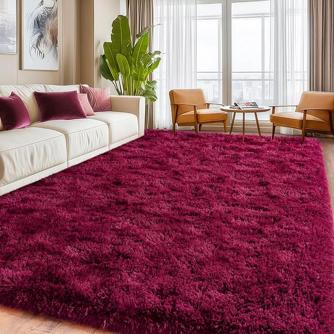 Burgundy Plush Rug for Living Room Fuzzy Carpet for Bedroom Dorm, Non-Slip High Pile Rug, Shag Rug for Playroom Nursery Home Office Decor 9X12 Ft
