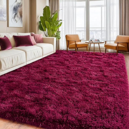 Burgundy Plush Rug for Living Room Fuzzy Carpet for Bedroom Dorm, Non-Slip High Pile Rug, Shag Rug for Playroom Nursery Home Office Decor 5X7 Ft