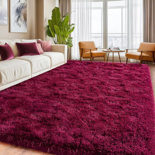 Burgundy Plush Rug for Living Room Fuzzy Carpet for Bedroom Dorm, Non-Slip High Pile Rug, Shag Rug for Playroom Nursery Home Office Decor 5X7 Ft