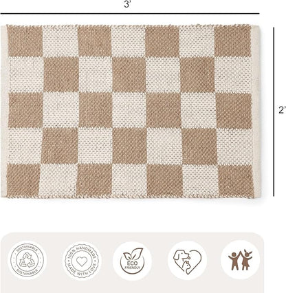 REDEARTH · Jute Cotton Area Rug, Sustainable Handwoven, Non-Shedding, Soft & Durable – Reversible, Neutral Tones for Home Décor in Living Room, Dining, Bedroom (Gridstone Natural, 2'x3'), Set of 2