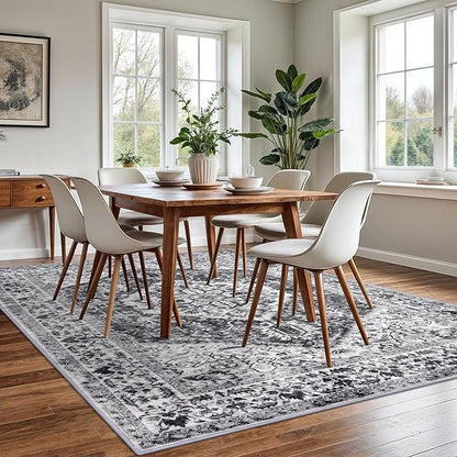 KOZYFLY Boho Area Rug 6x9 Ft Thin Rugs for Living Room Washable Bedroom Rug Non Slip Rugs for Living Room Printed Faux Wool Bedroom Rug Floor Carpet for Dining Room, Grey