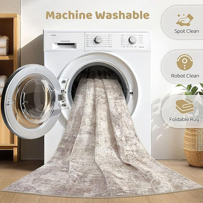 5x8 Area Rugs Living Room: Washable Large Abstract Soft Rug Stain Resistant Indoor Floor Non-Slip Accent Carpet for Women Modern Home Enthusiasts Aged 25-45 - Bedroom Nursery Playroom- Beige Brown