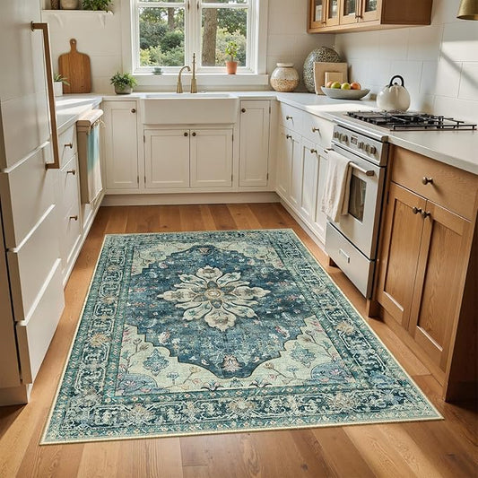 Area Rugs 4'x6' Washable Non-Slip, Floral Vintage Distress Print Pattern Medallion Carpet for Living Room Bedroom Dining Room, Dark Blue Vintage