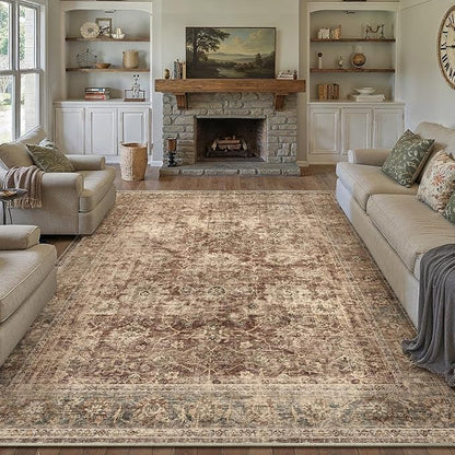 8x10 Washable Area Rug for Living Room Bedroom Rust Vintage Distressed Rustic Large Carpet Non-Slip Low Pile Lightweight Vacuumable Soft Throw Rug for Indoor Dining Room