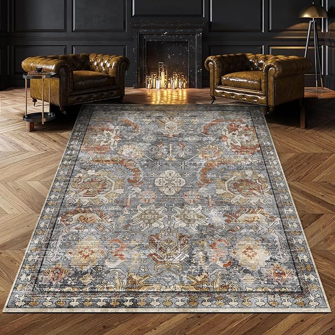 RUGSURE Washable Area Rugs - Perfect for Living Room, Bedroom, Kids Room, Nursery - Stain & Water Resistant Non-Slip, Pet & Child Friendly, Vintage Tribal Area Rugs (Turmeric and Grey, 5' x 7')